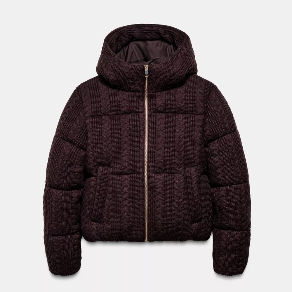 Zara Cable Knit Hooded Anorak Size S, M in Burgundy